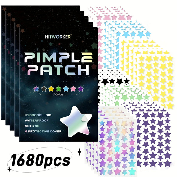 1680pcs HITWORKER Hydrocolloid Acne Patches – Multicolor Star Shape, Invisible for Light Skin, Daily Use, Teens & Adults