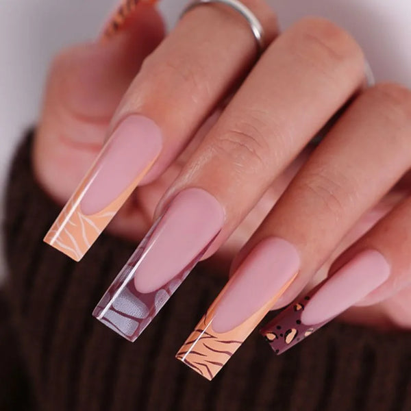 24pcs Wearable Nails Patch With Adhesive Kit Silver Black Leopard Print Edge Solid Color False Nail Manicure Art Gift Removable